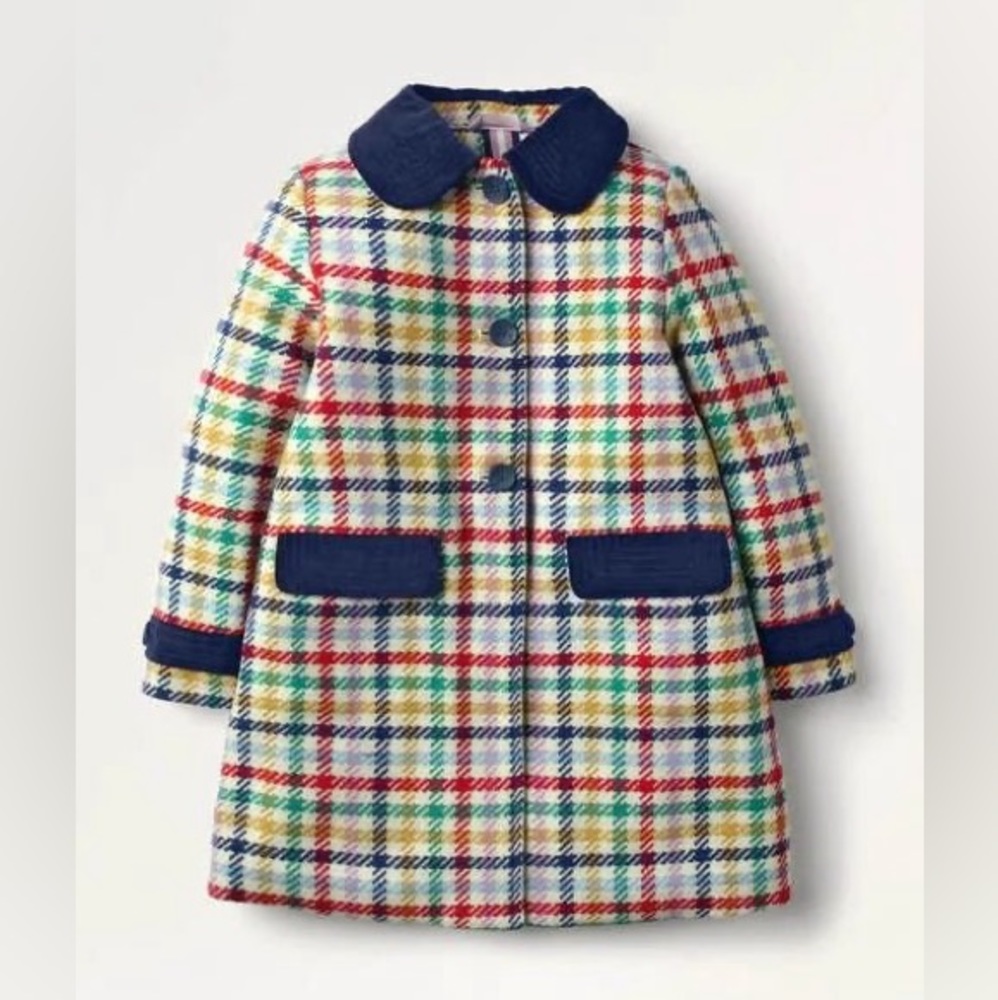 Mini Boden Plaid Wool Blend Front Pockets Coat Girls Size 7-8 Years